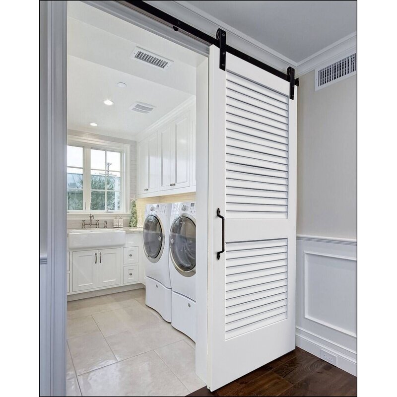 CreativeEntryways Louvered Wood Primed Plantation Barn Door with